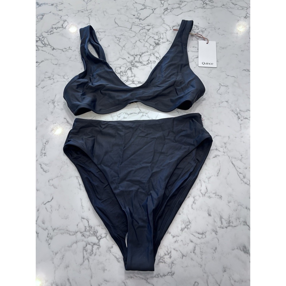 New Quince Black Italian Plunge Bikini Top & High Rise High Leg Bottoms Large